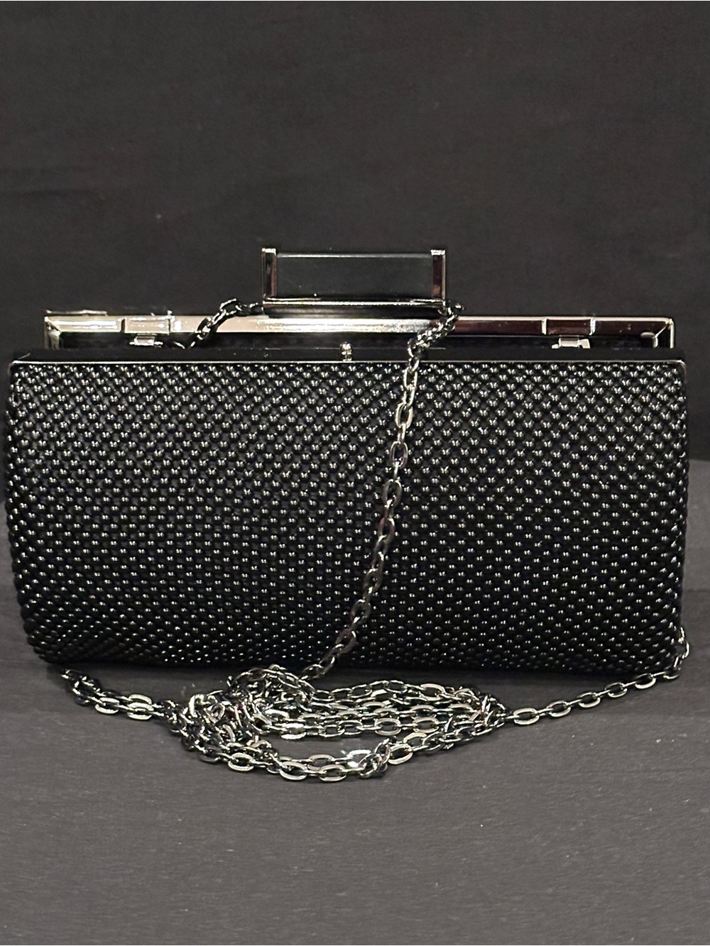 Black Crystal-Embellished Evening Clutch with Chain Strap
